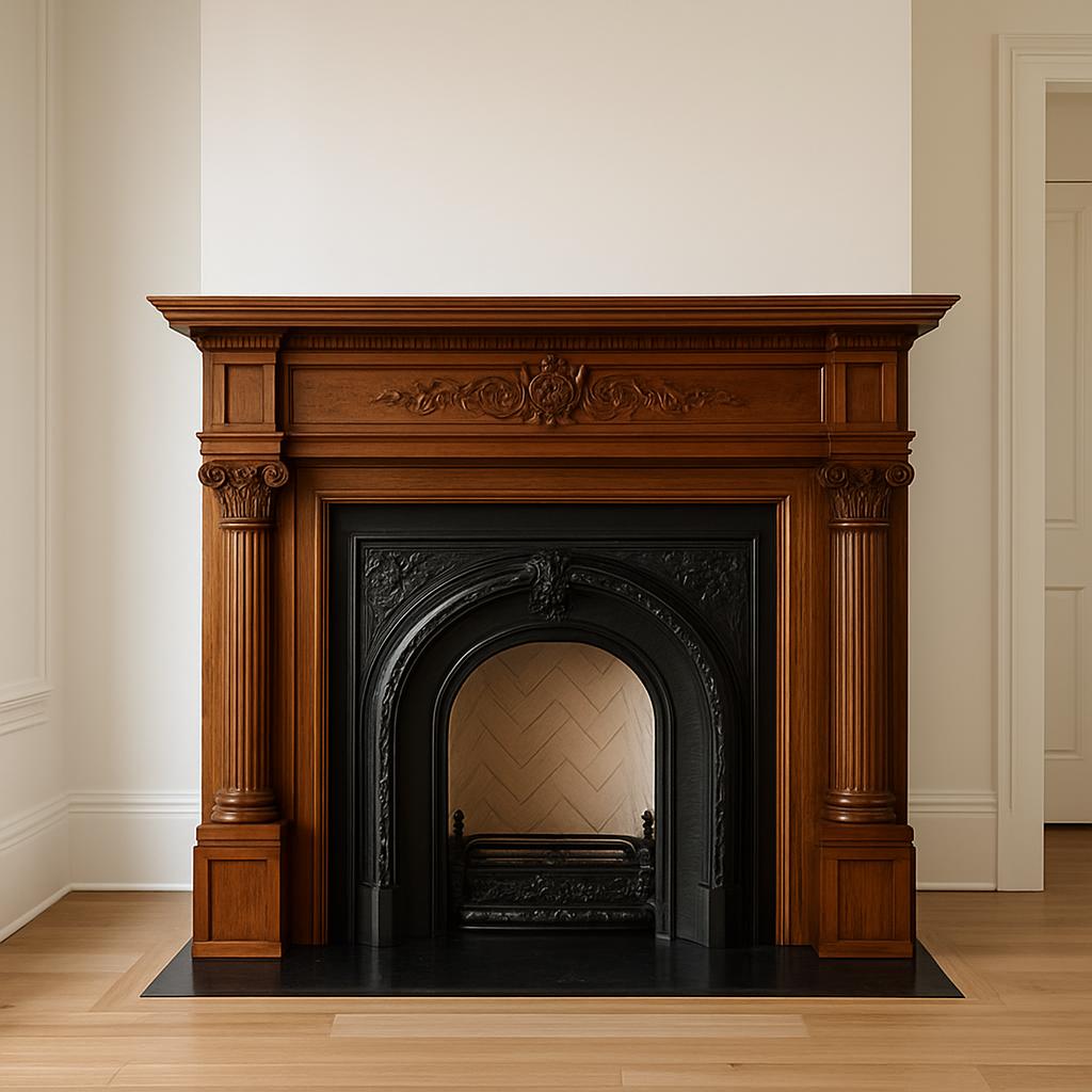 The fireplace is made of wood and features an ornately carved surround.