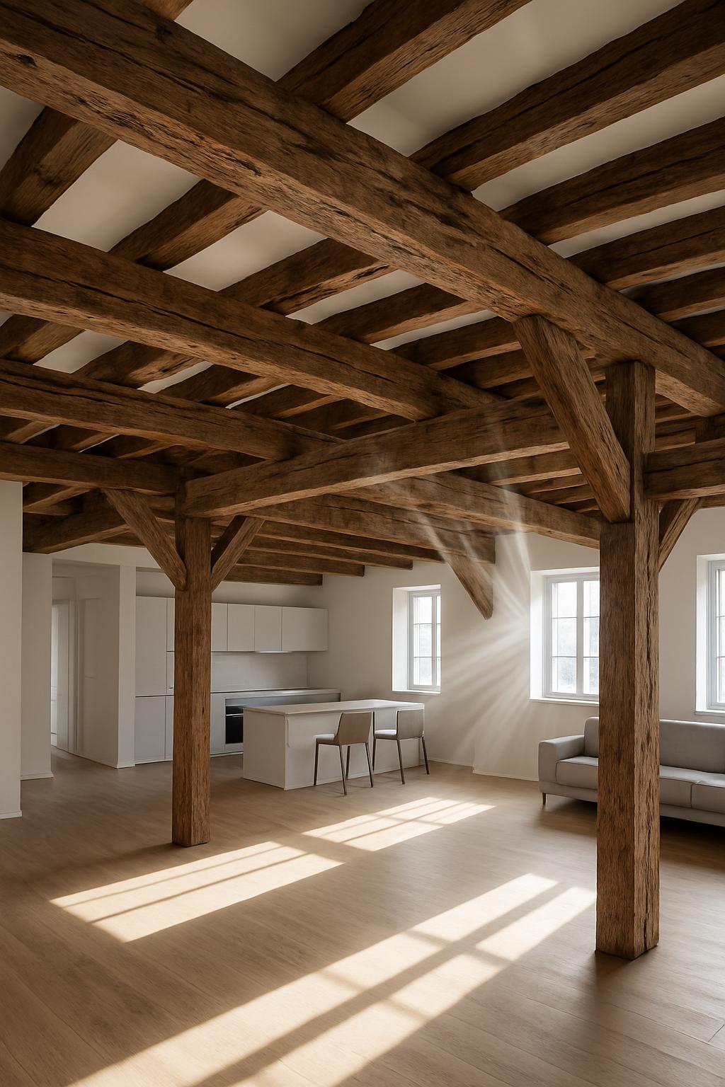 An open-plan loft apartment with white walls and a wooden ceiling, featuring beams, a kitchen, two windows, and implanted ...